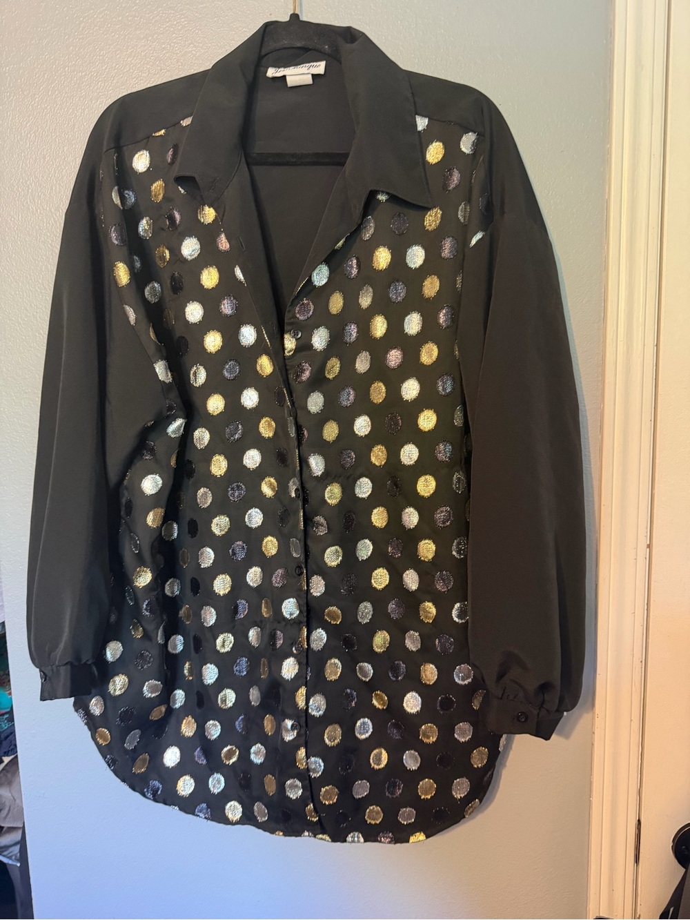 Vintage Jeri Marque Black Blouse with Metallic Polka Detail